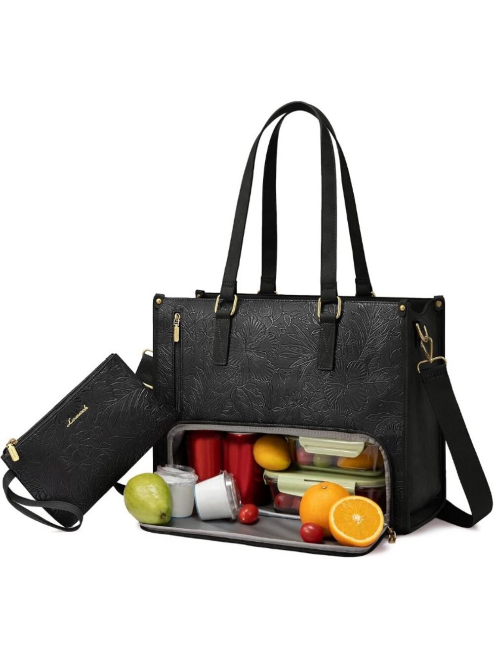 Stylish Insulated Lunch Tote & Laptop Bag for Women, Large Capacity, Jet Black